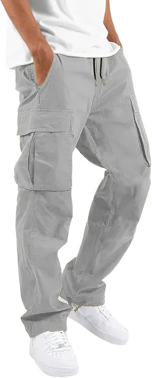 HUNGSON Mens Cargo Pants Drawstring Casual Hiking Pants Joggers Athletic Trousers Cotton Loose Straight Sweatpants for Men