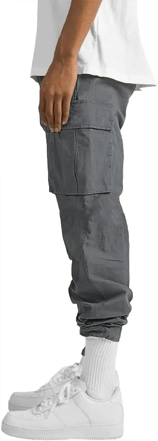 HUNGSON Mens Cargo Pants Drawstring Casual Hiking Pants Joggers Athletic Trousers Cotton Loose Straight Sweatpants for Men