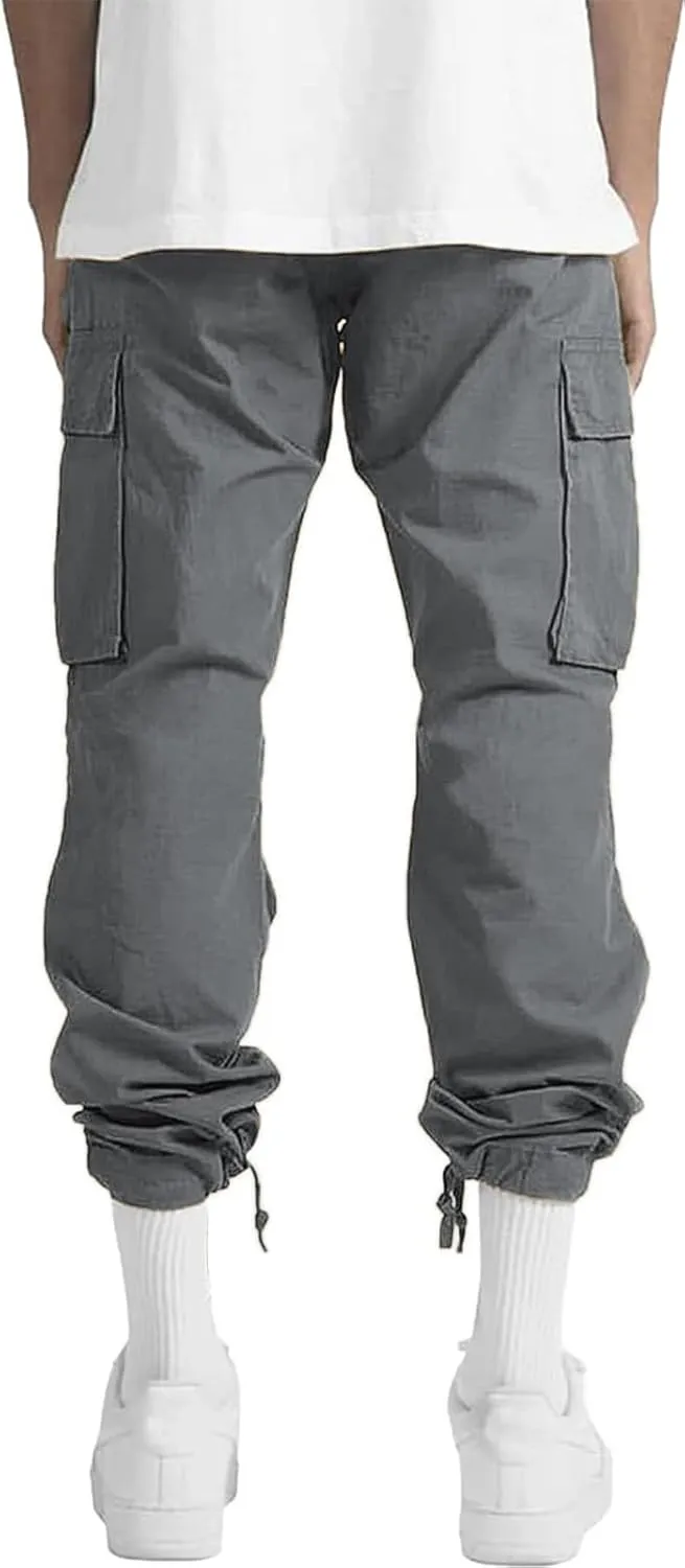 HUNGSON Mens Cargo Pants Drawstring Casual Hiking Pants Joggers Athletic Trousers Cotton Loose Straight Sweatpants for Men