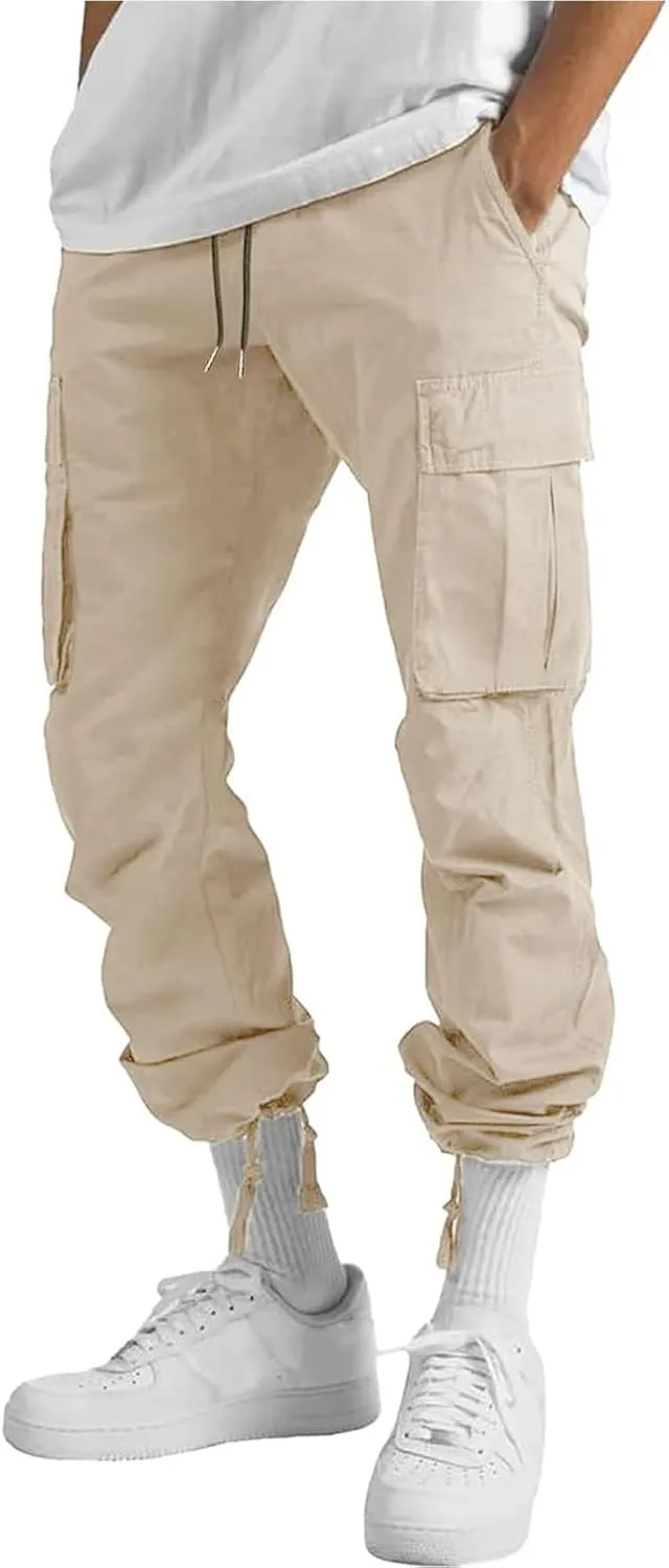 HUNGSON Mens Cargo Pants Drawstring Casual Hiking Pants Joggers Athletic Trousers Cotton Loose Straight Sweatpants for Men