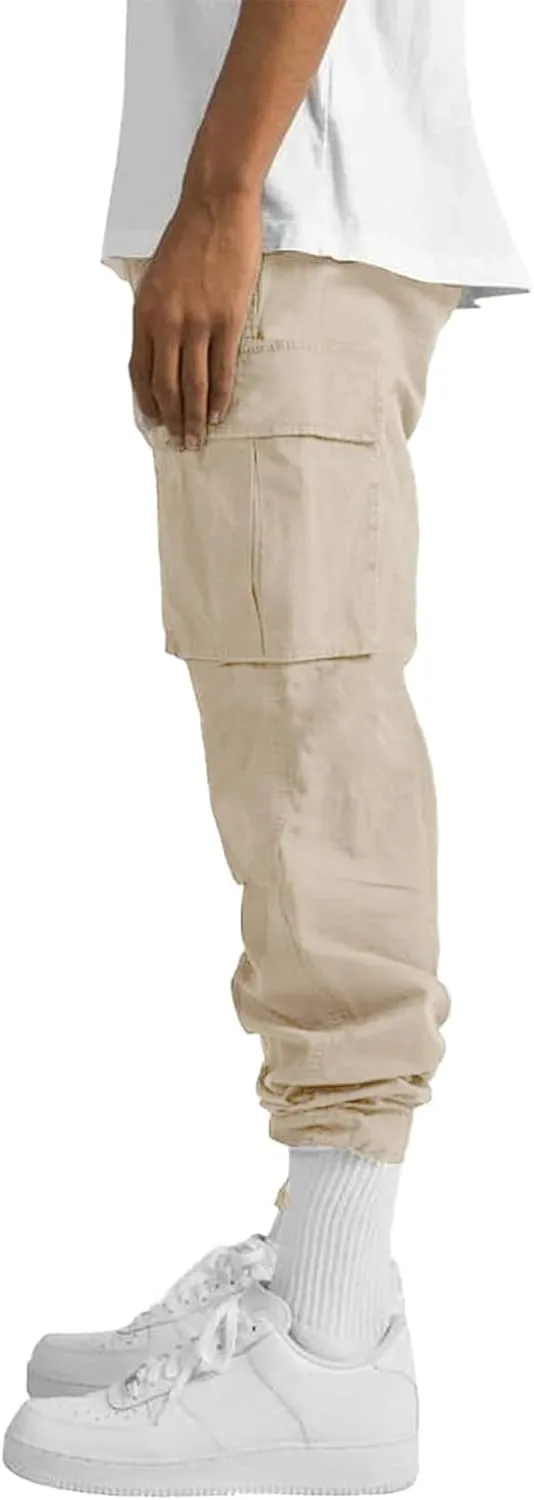 HUNGSON Mens Cargo Pants Drawstring Casual Hiking Pants Joggers Athletic Trousers Cotton Loose Straight Sweatpants for Men