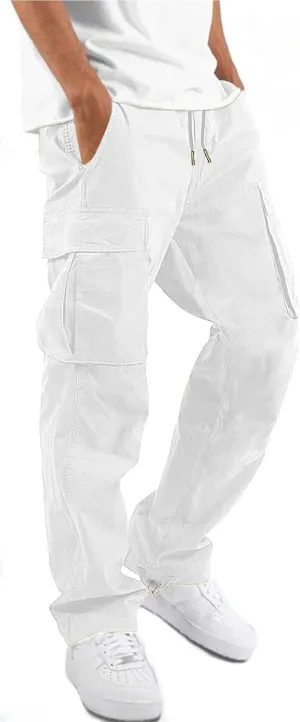 HUNGSON Mens Cargo Pants Drawstring Casual Hiking Pants Joggers Athletic Trousers Cotton Loose Straight Sweatpants for Men