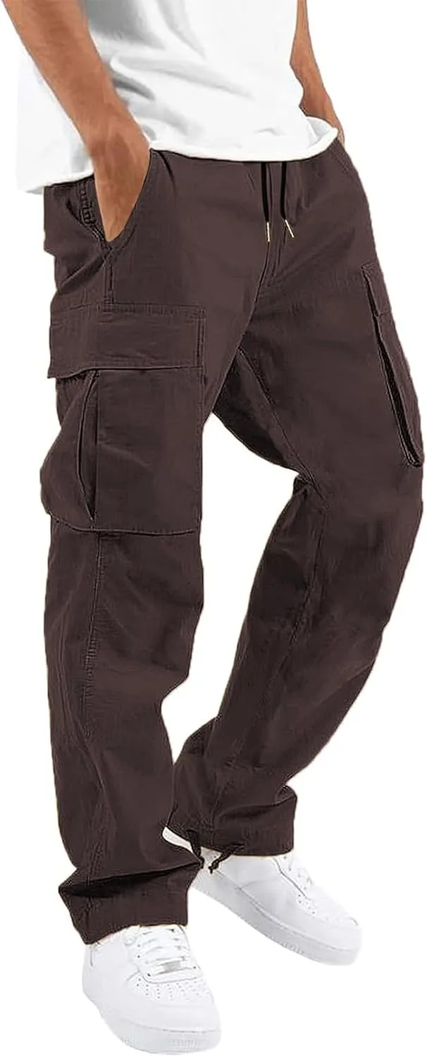 HUNGSON Mens Cargo Pants Drawstring Casual Hiking Pants Joggers Athletic Trousers Cotton Loose Straight Sweatpants for Men