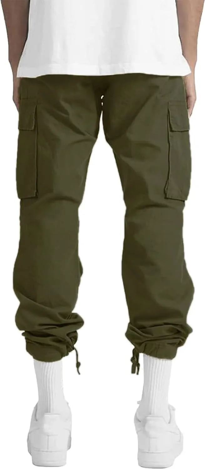 HUNGSON Mens Cargo Pants Drawstring Casual Hiking Pants Joggers Athletic Trousers Cotton Loose Straight Sweatpants for Men