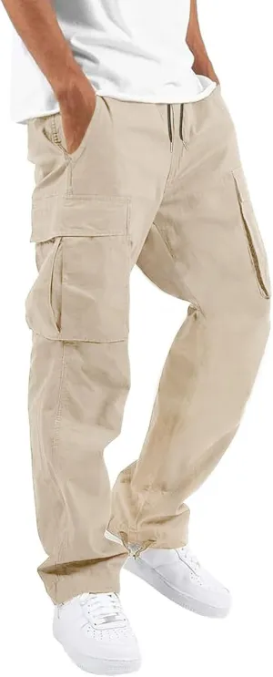 HUNGSON Mens Cargo Pants Drawstring Casual Hiking Pants Joggers Athletic Trousers Cotton Loose Straight Sweatpants for Men