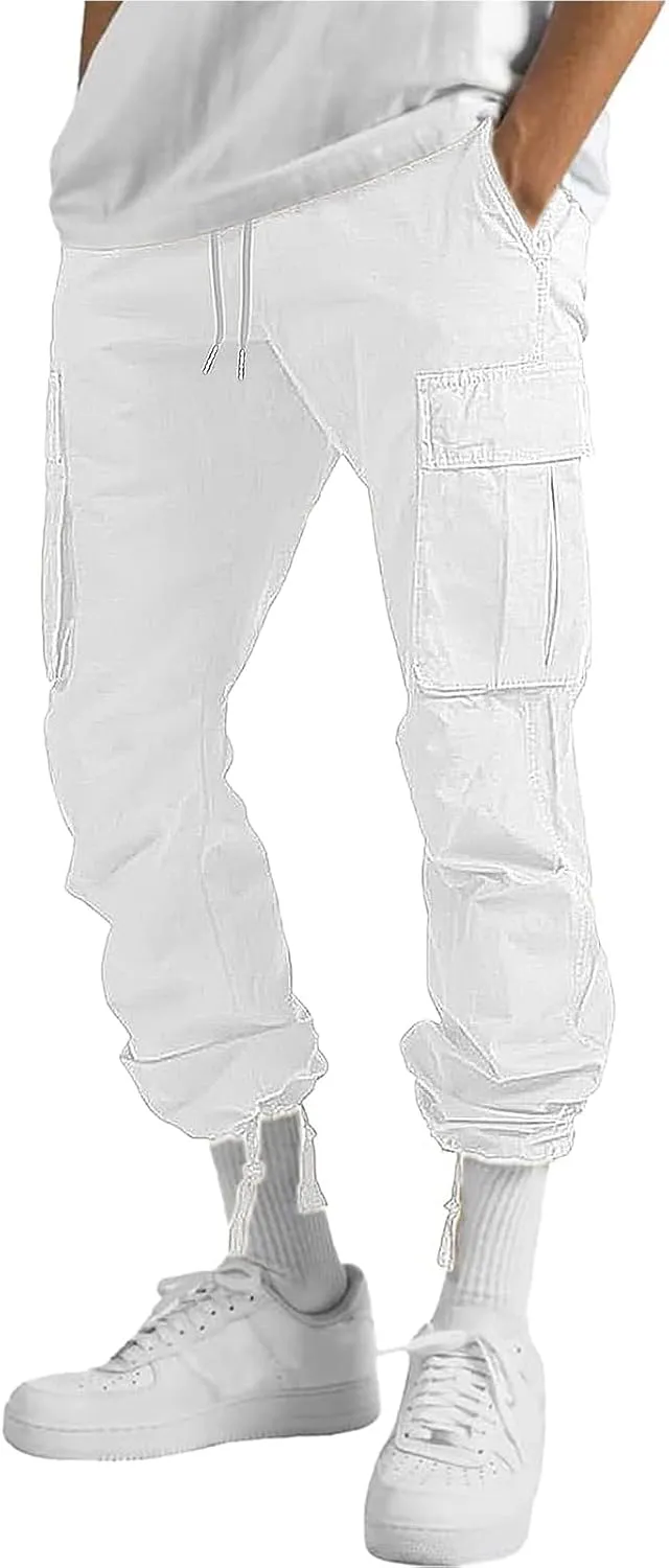 HUNGSON Mens Cargo Pants Drawstring Casual Hiking Pants Joggers Athletic Trousers Cotton Loose Straight Sweatpants for Men