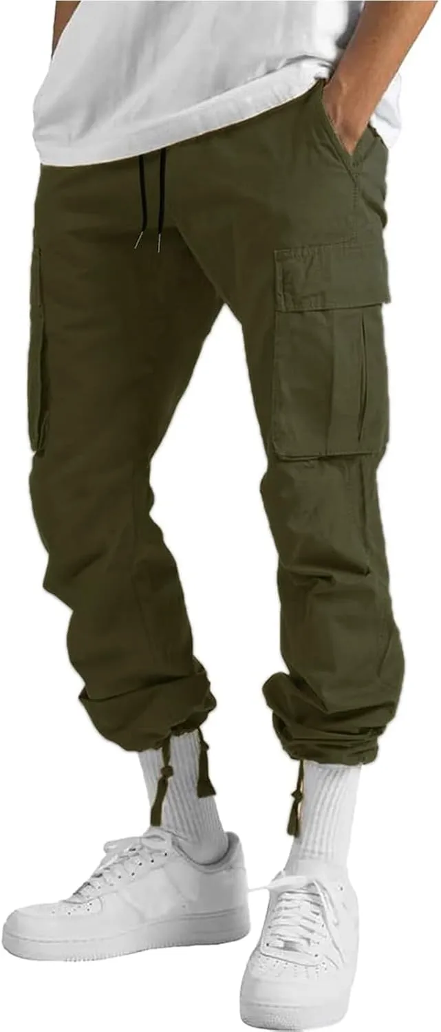 HUNGSON Mens Cargo Pants Drawstring Casual Hiking Pants Joggers Athletic Trousers Cotton Loose Straight Sweatpants for Men