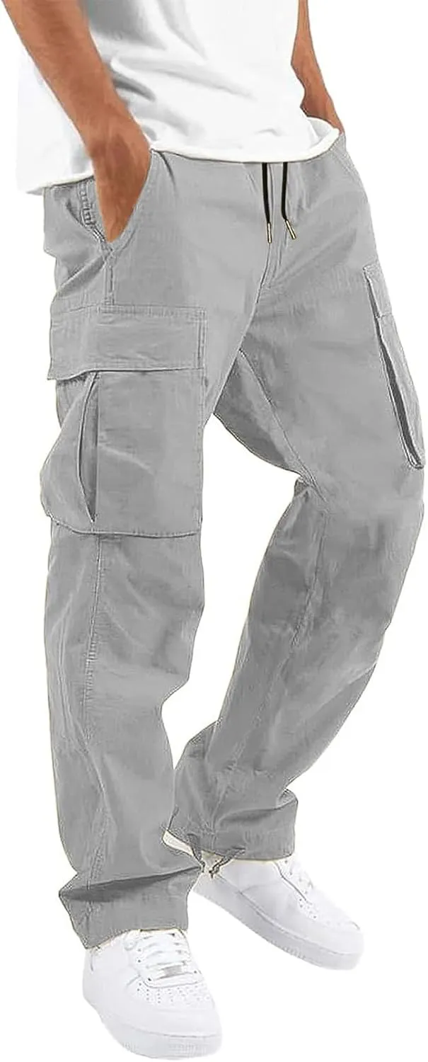 HUNGSON Mens Cargo Pants Drawstring Casual Hiking Pants Joggers Athletic Trousers Cotton Loose Straight Sweatpants for Men
