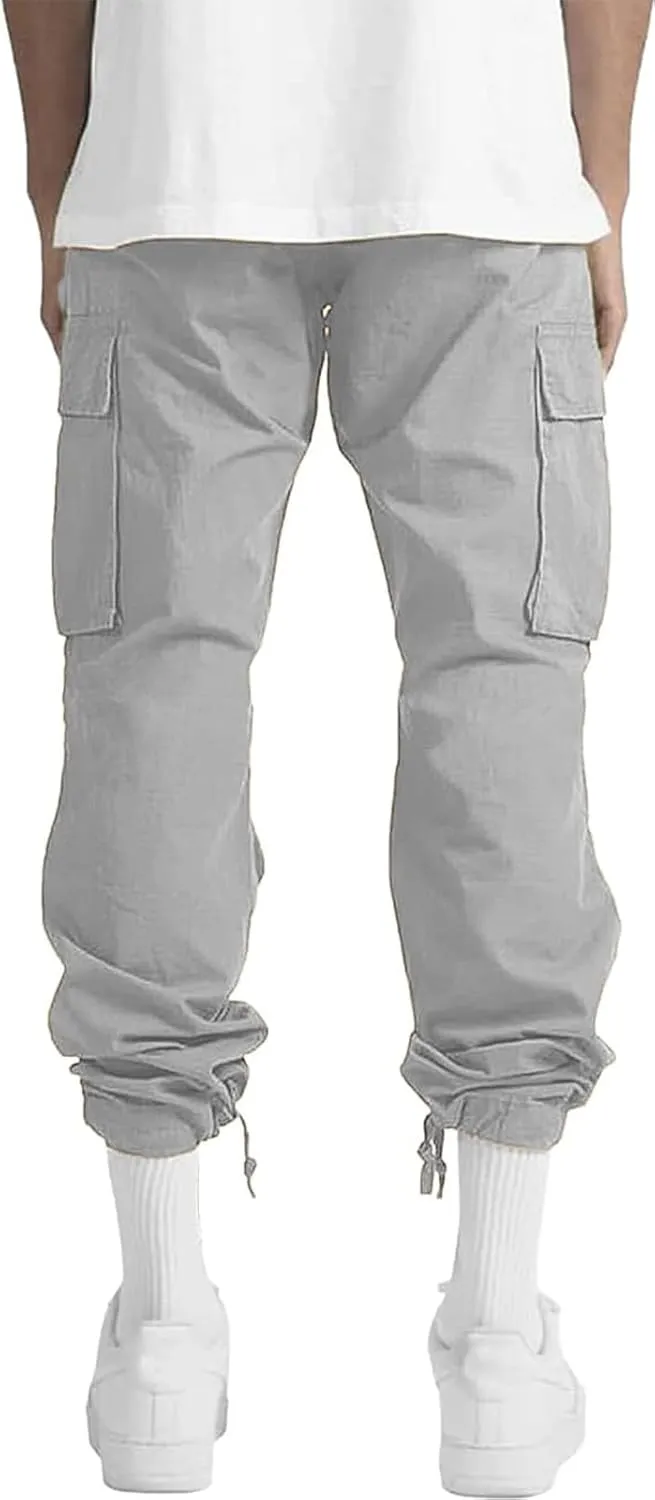 HUNGSON Mens Cargo Pants Drawstring Casual Hiking Pants Joggers Athletic Trousers Cotton Loose Straight Sweatpants for Men