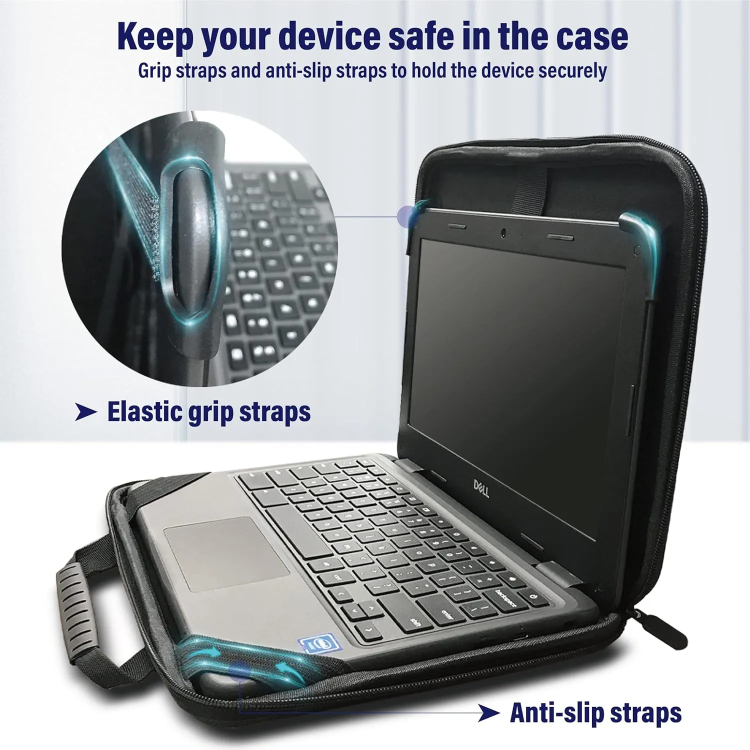 IBENZER EVA Stay-in Protective Case for 11" MacBook Air/Asus/Acer/Samsung/HP/Lenovo Chromebook Laptop, Hardshell Laptop Bag with ShoulderStrap & Handle for K-12 Students, Work, Black, EVA-LS-BK