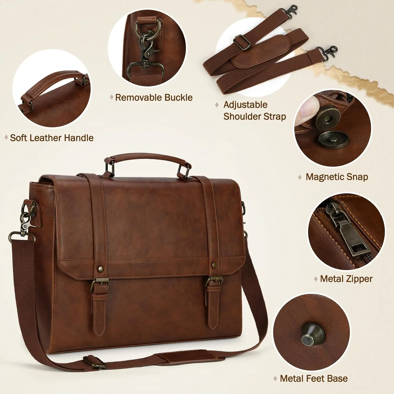IGOLUMON Messenger Bag for Men 15.6 inch Vintage Leather Waterproof Laptop Briefcase Large Computer Laptop Bag Leather Satchel Bag Retro Shoulder Bag for Office Business Travel College, Brown