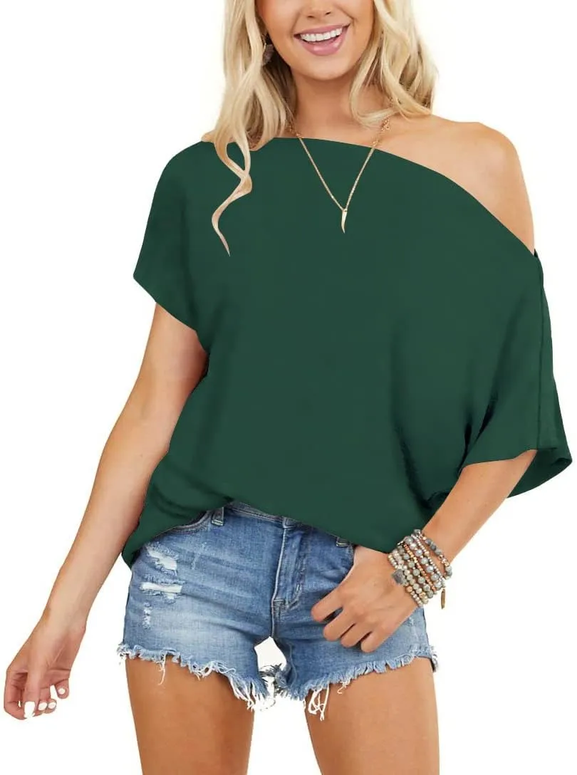 INFITTY Women's Off Shoulder Tops Short Sleeve Casual Loose Batwing Shirts Oversized Blouse Tunic