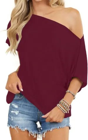 INFITTY Women's Off Shoulder Tops Short Sleeve Casual Loose Batwing Shirts Oversized Blouse Tunic