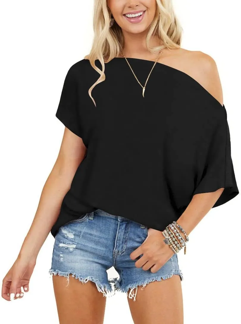 INFITTY Women's Off Shoulder Tops Short Sleeve Casual Loose Batwing Shirts Oversized Blouse Tunic