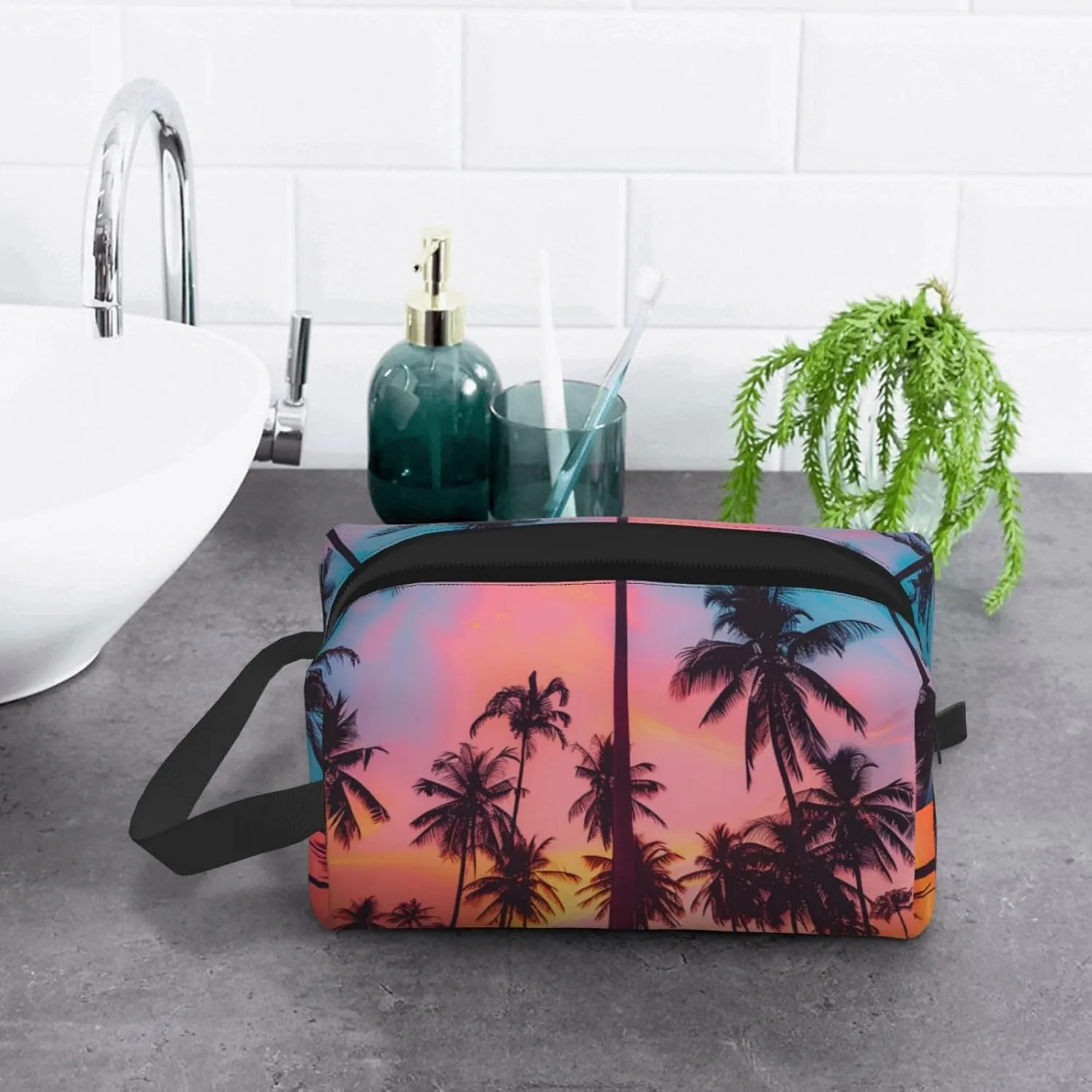 Island Palm Tree Travel Toiletry Bag for Women Men, Portable Hanging Toiletry Bag, Waterproof Dopp Kit Cosmetic Organizer, Large Capacity Shaving Bag Makeup Bag
