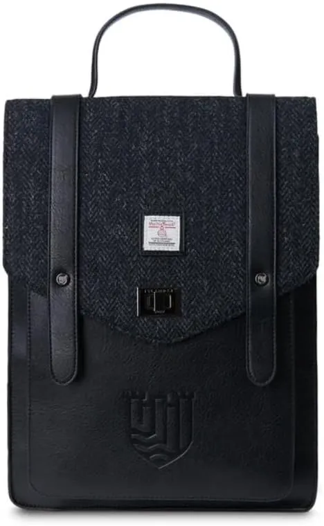 Islander Carloway Backpack for Men & Women, With Laptop Sleeve, Harris Tweed Vegan Leather (Black Herringbone)