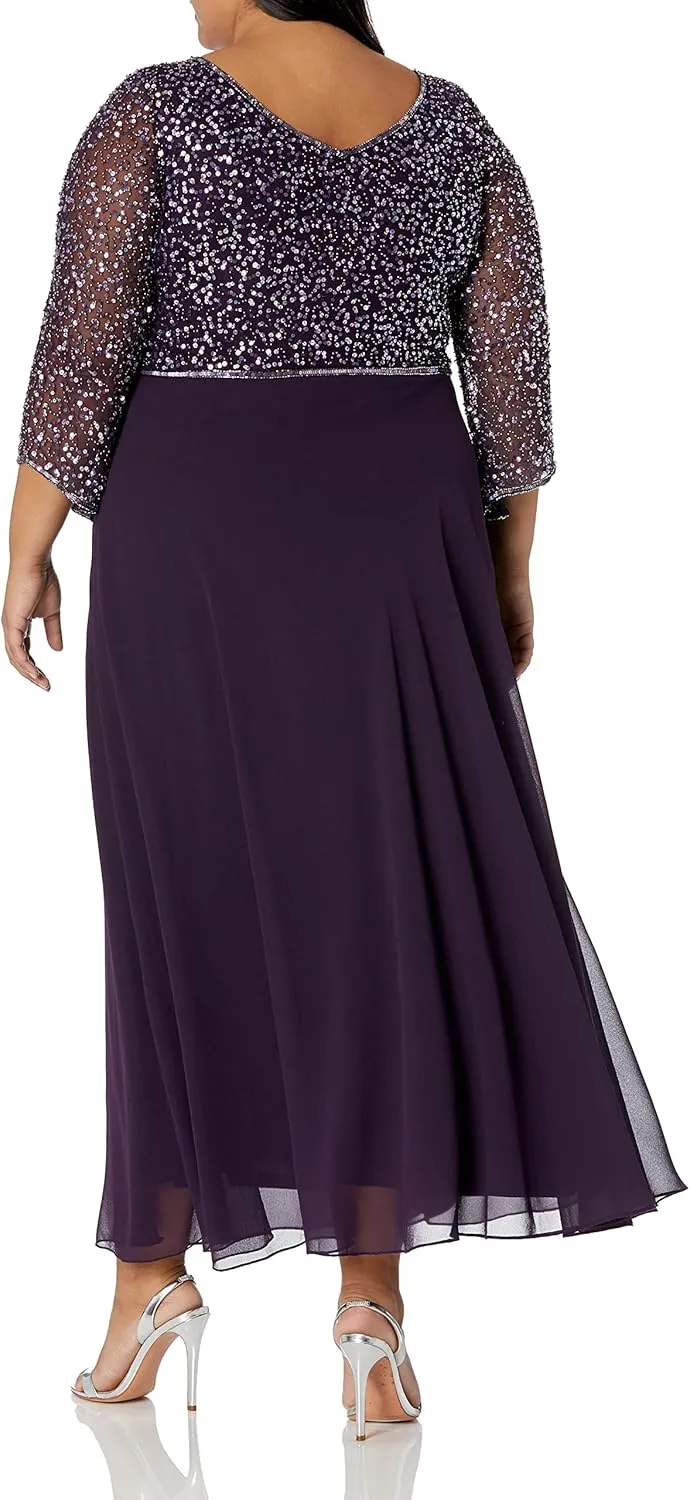 J Kara Women's Plus Size 3/4 Sleeve V-Neck Beaded Top Long Gown