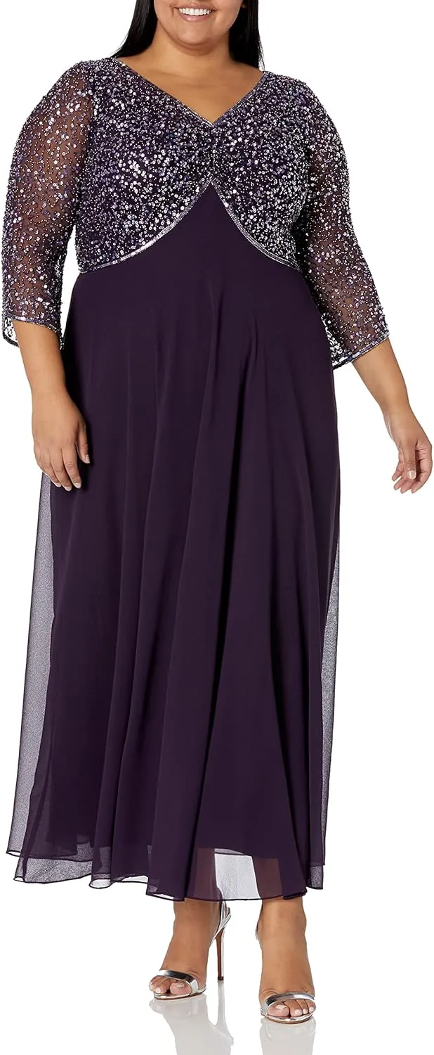 J Kara Women's Plus Size 3/4 Sleeve V-Neck Beaded Top Long Gown