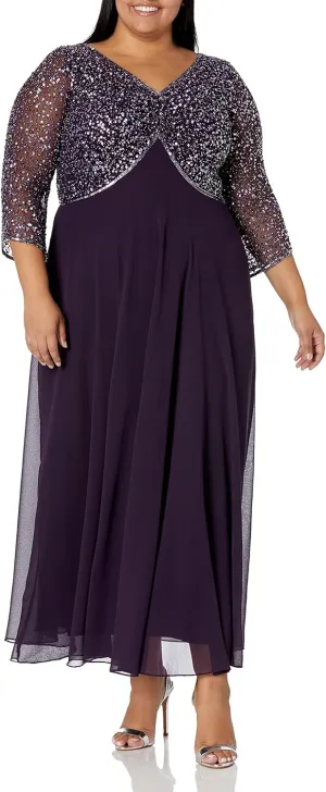 J Kara Women's Plus Size 3/4 Sleeve V-Neck Beaded Top Long Gown