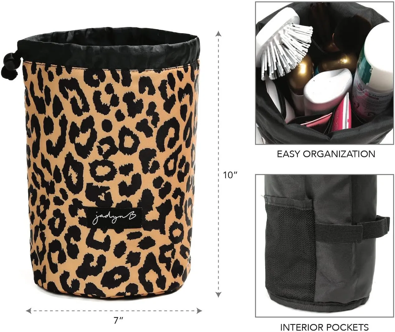 Jadyn Durable Cinch Top Makeup Organizer - Compact Travel Makeup Bag - 7 Interior Pockets for Cosmetics - Drawstring Toiletry Travel Bag for Women - 6L Storage Capacity - (Leopard)