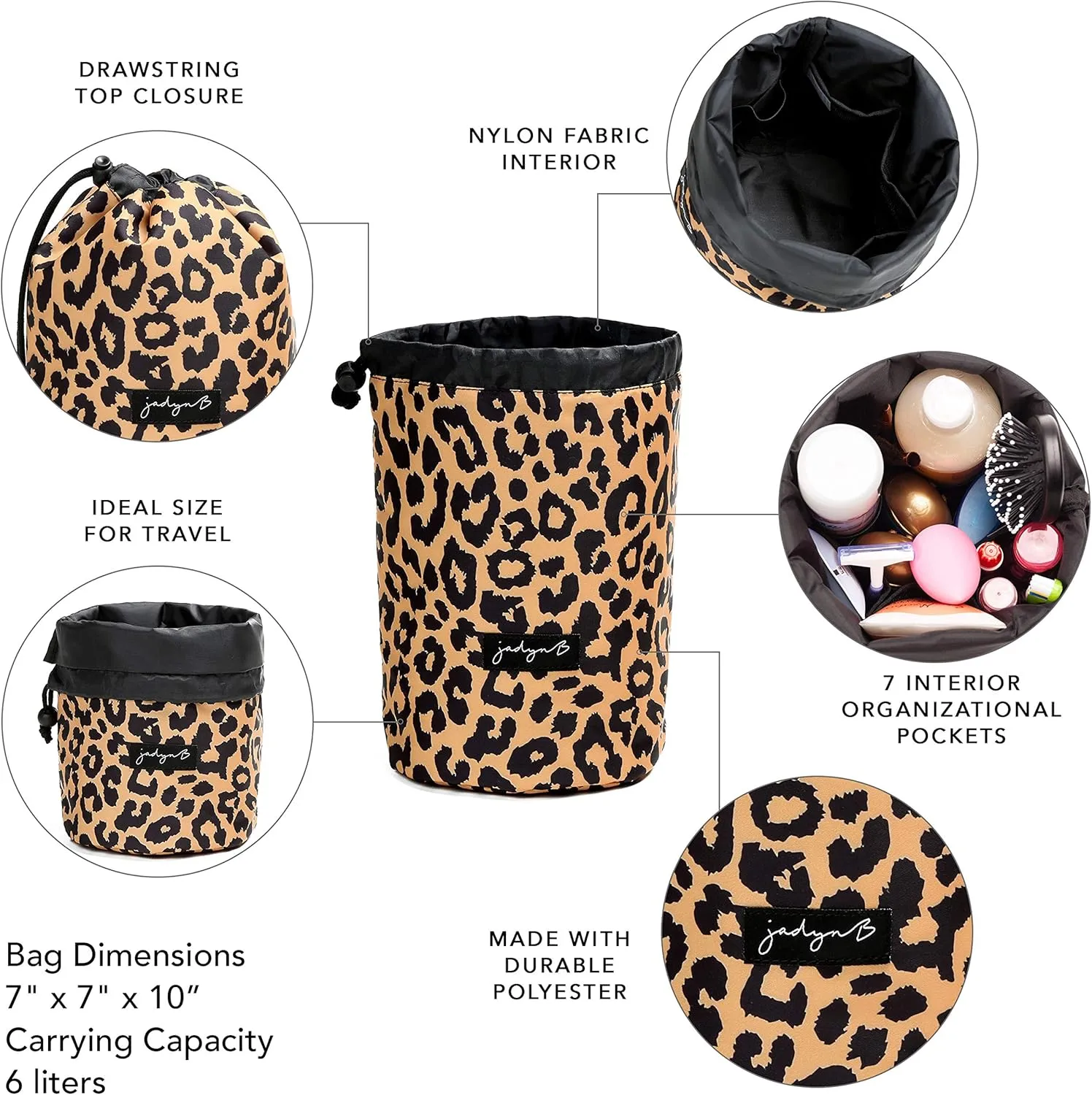 Jadyn Durable Cinch Top Makeup Organizer - Compact Travel Makeup Bag - 7 Interior Pockets for Cosmetics - Drawstring Toiletry Travel Bag for Women - 6L Storage Capacity - (Leopard)