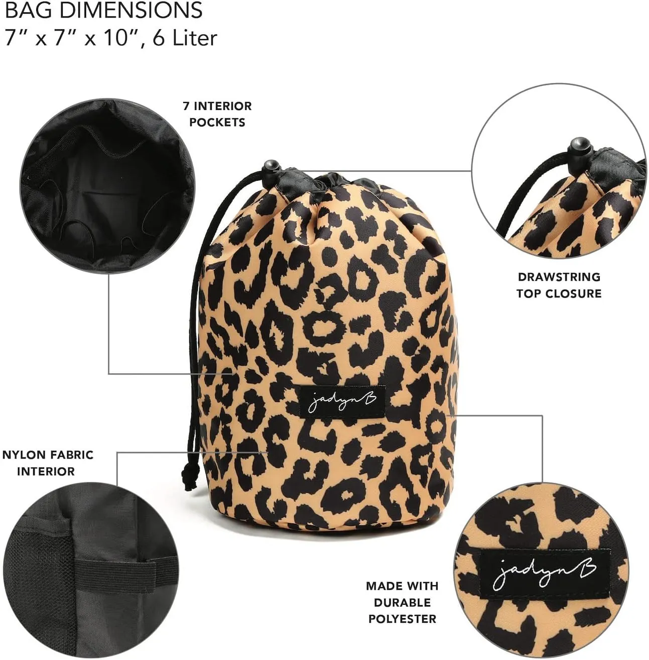 Jadyn Durable Cinch Top Makeup Organizer - Compact Travel Makeup Bag - 7 Interior Pockets for Cosmetics - Drawstring Toiletry Travel Bag for Women - 6L Storage Capacity - (Leopard)