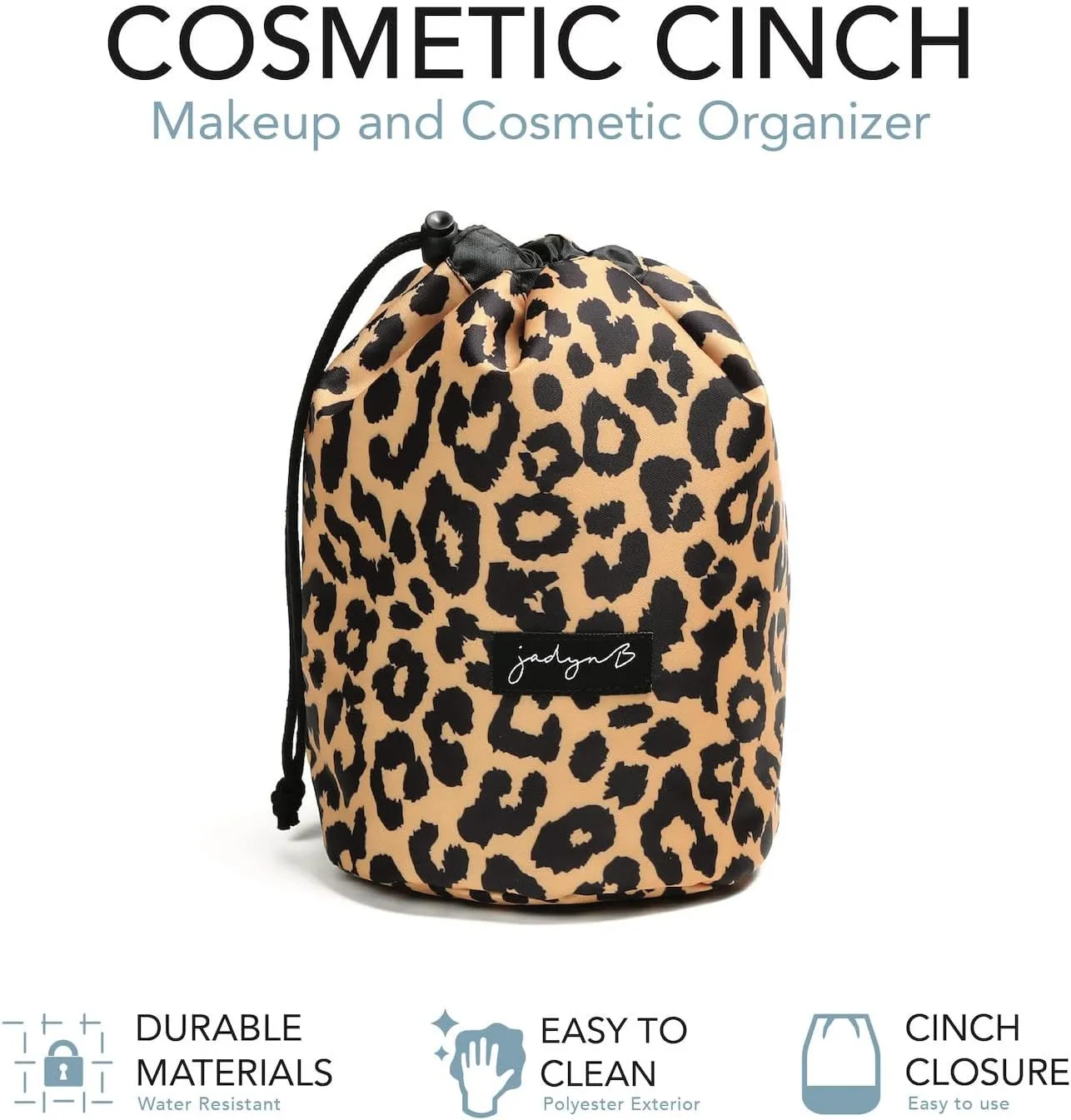 Jadyn Durable Cinch Top Makeup Organizer - Compact Travel Makeup Bag - 7 Interior Pockets for Cosmetics - Drawstring Toiletry Travel Bag for Women - 6L Storage Capacity - (Leopard)