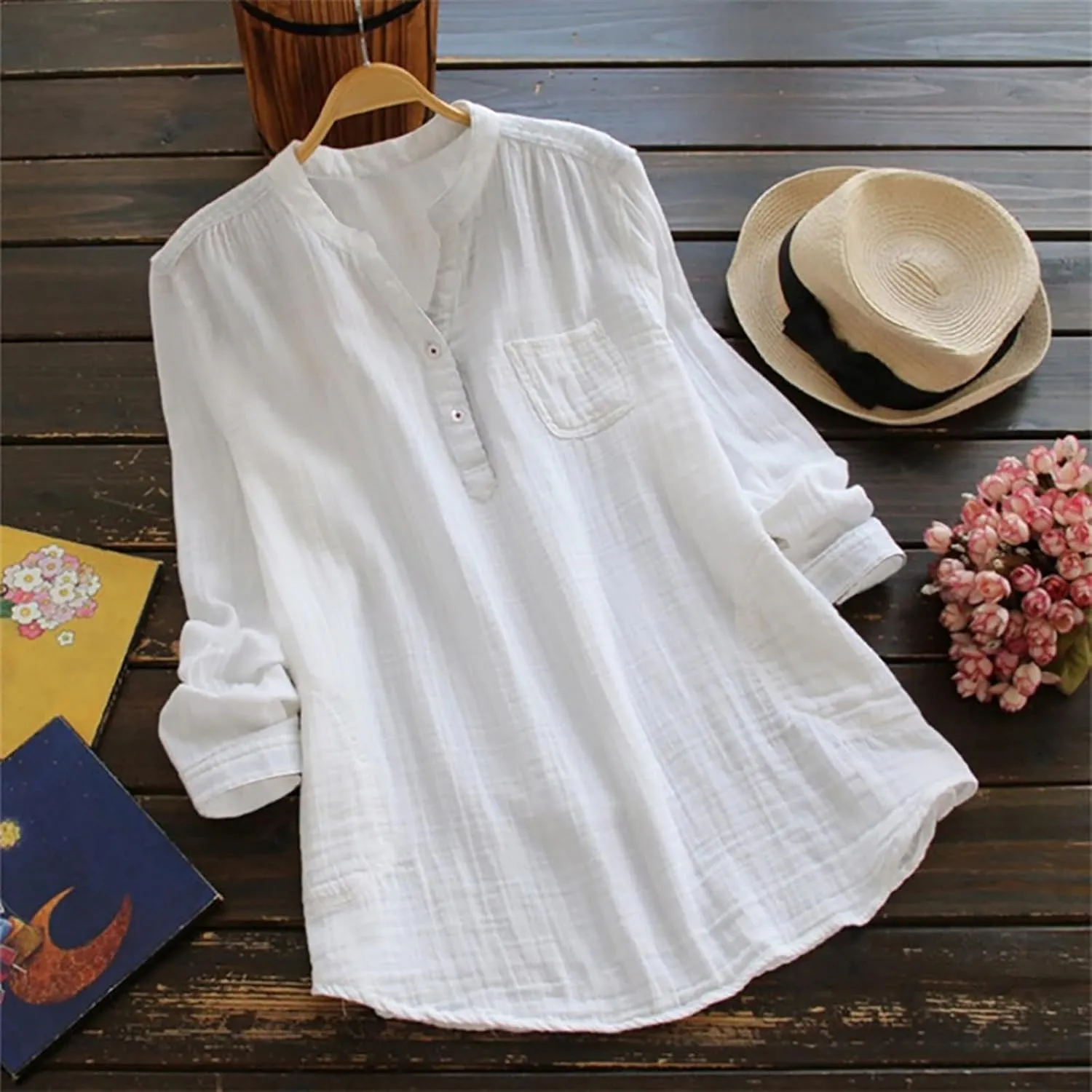 Janepam Women Cotton Linen Top Long Sleeve Solid Plain/Graphic Embroidery Lace Loose Blouse