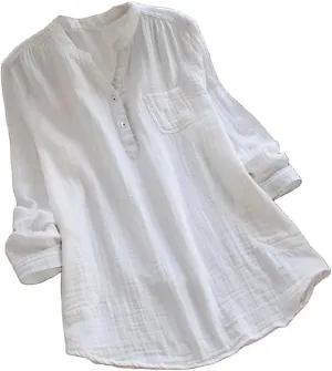 Janepam Women Cotton Linen Top Long Sleeve Solid Plain/Graphic Embroidery Lace Loose Blouse