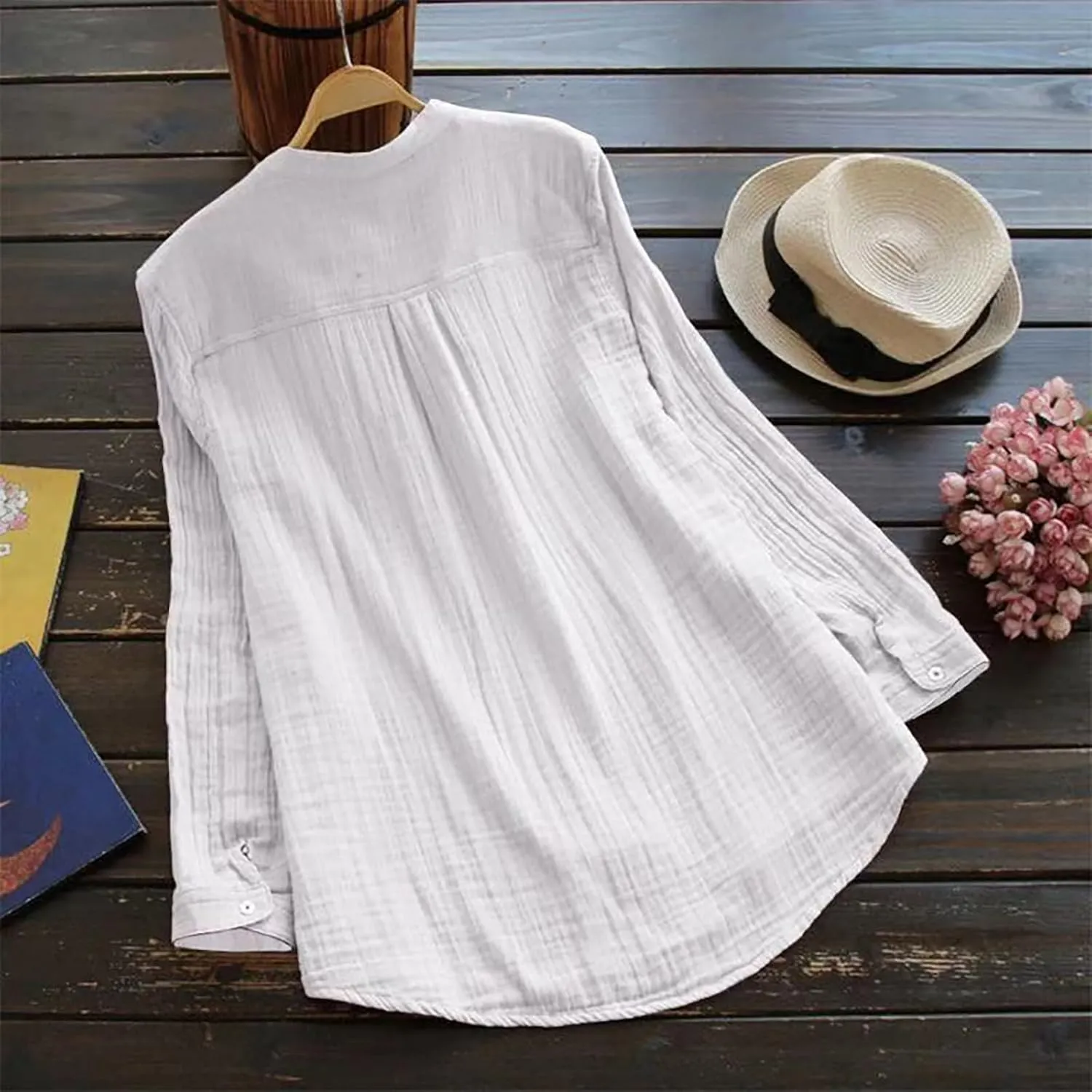 Janepam Women Cotton Linen Top Long Sleeve Solid Plain/Graphic Embroidery Lace Loose Blouse