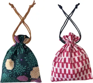 Japan Style Drawstring Pouch Japanese Fabric Kinchaku Pouch Cosmetic Bag Set of 2 Designs (Vertically Long)
