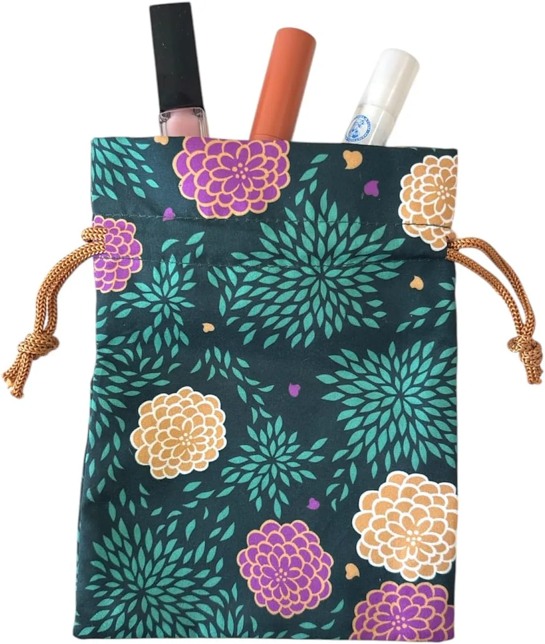 Japan Style Drawstring Pouch Japanese Fabric Kinchaku Pouch Cosmetic Bag Set of 2 Designs (Vertically Long)