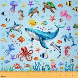 jejeloiu Sea Animals Fabric by The Yard 3 Yard Ocean Creature Themed Upholstery Fabric for Chairs Kids Boys Girls Sea Fish Decor for Home DIY Projects, Underwater World Waterproof Indoor Outdoor Decor