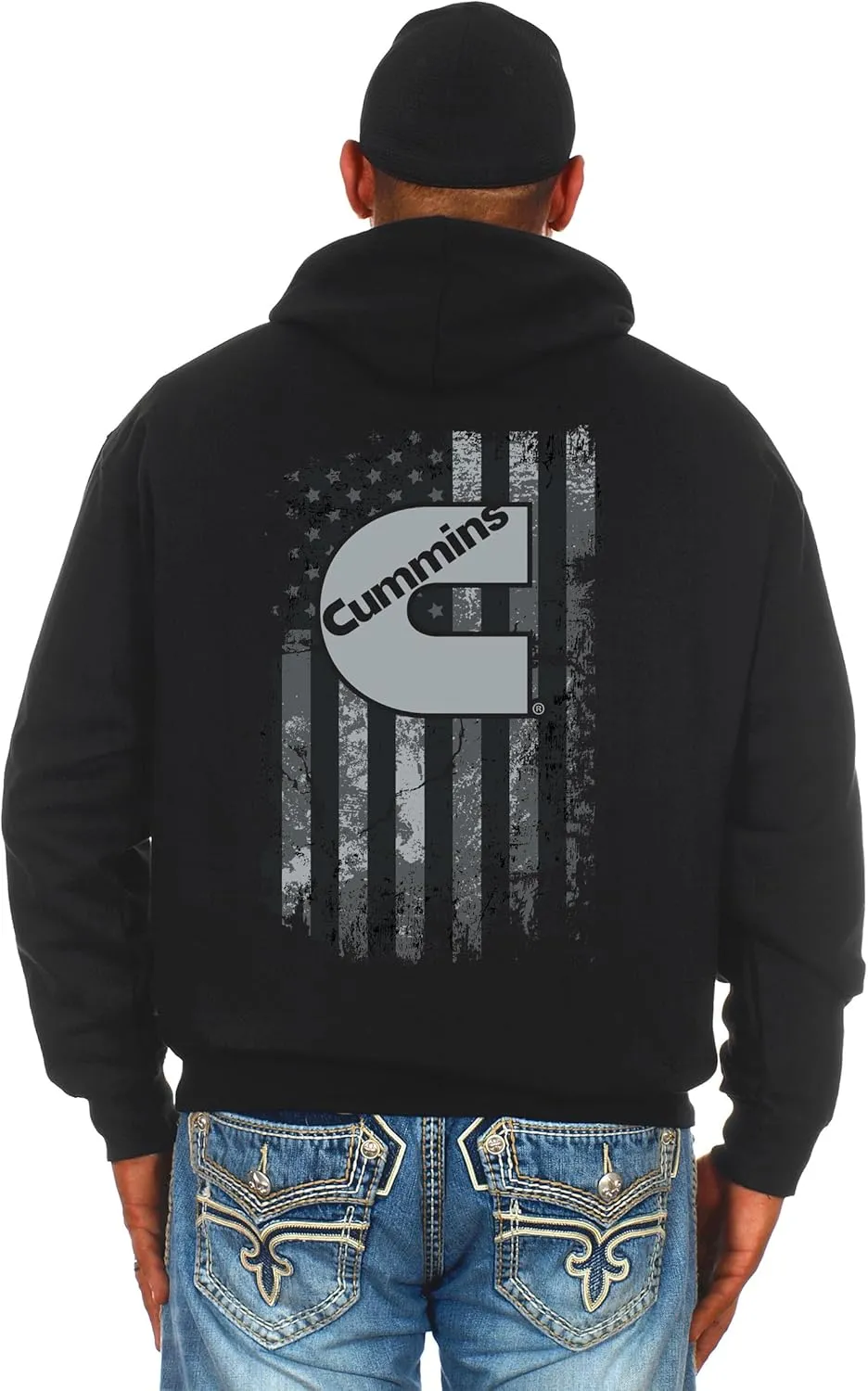 JH DESIGN GROUP Men's Cummins Diesel Pullover Hoodie American Flag Black 2 Sided Sweatshirt