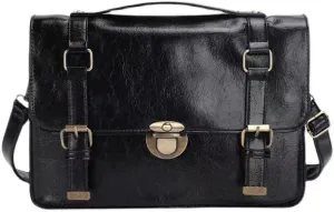 JHTPSLR Dark Academia Aesthetic Messenger Bag Large Black PU Leather Satchel Bag Crossbody Shoulder Bag British Preppy Backpack (Black)