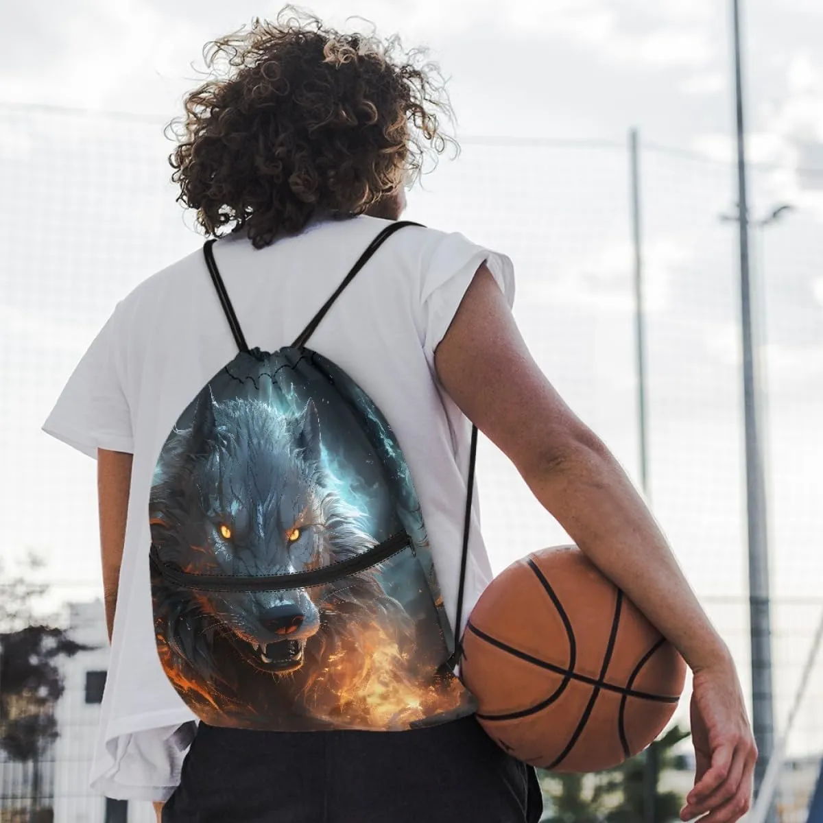 JooMeryer Boy Men Cool Animal Drawstring Bags Wolf Fox Printed Lightweight Sports Gym Backpack Bag with Front Zippper Pocket,Anger Wolf