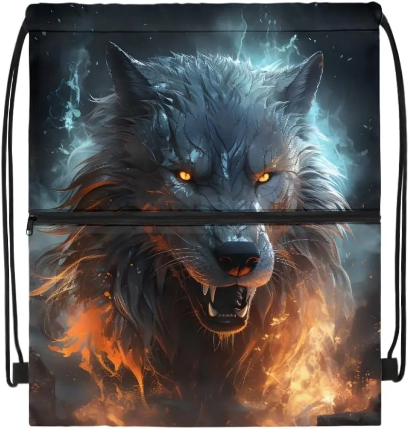 JooMeryer Boy Men Cool Animal Drawstring Bags Wolf Fox Printed Lightweight Sports Gym Backpack Bag with Front Zippper Pocket,Anger Wolf