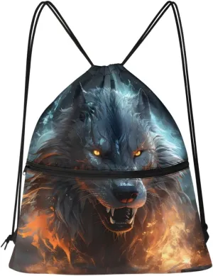 JooMeryer Boy Men Cool Animal Drawstring Bags Wolf Fox Printed Lightweight Sports Gym Backpack Bag with Front Zippper Pocket,Anger Wolf