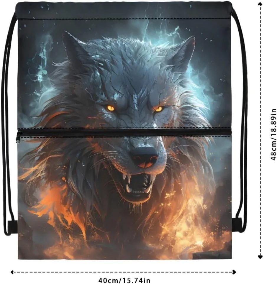 JooMeryer Boy Men Cool Animal Drawstring Bags Wolf Fox Printed Lightweight Sports Gym Backpack Bag with Front Zippper Pocket,Anger Wolf