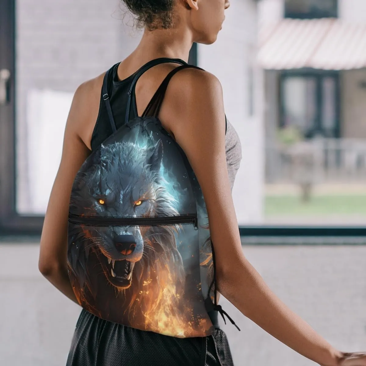 JooMeryer Boy Men Cool Animal Drawstring Bags Wolf Fox Printed Lightweight Sports Gym Backpack Bag with Front Zippper Pocket,Anger Wolf