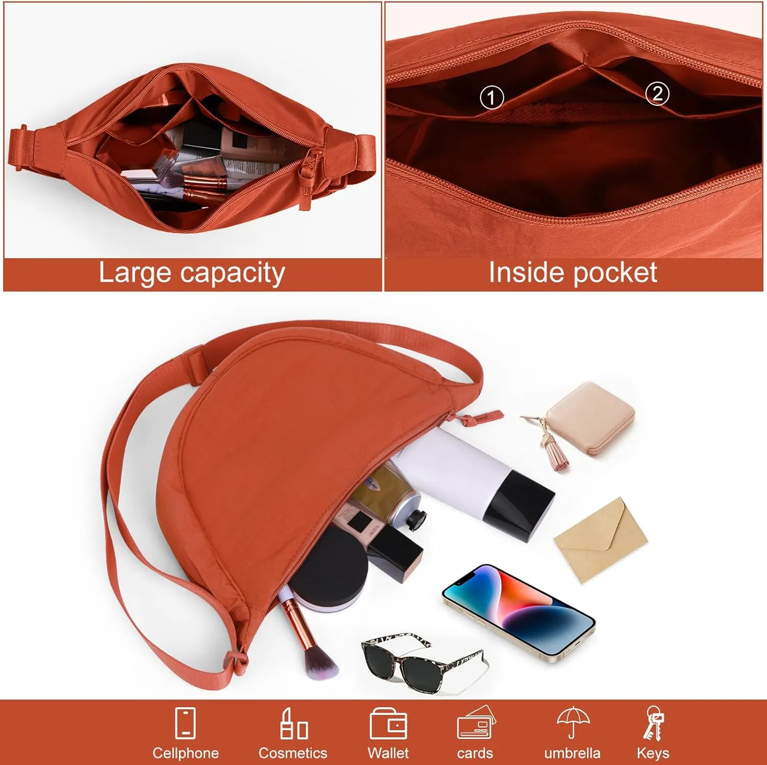 JQWSVE Nylon Crescent Bag for Women Men Crossbody Bag Hobo Sling Crescent Shoulder Bag Purse Casual Solid Color Dumpling Bag