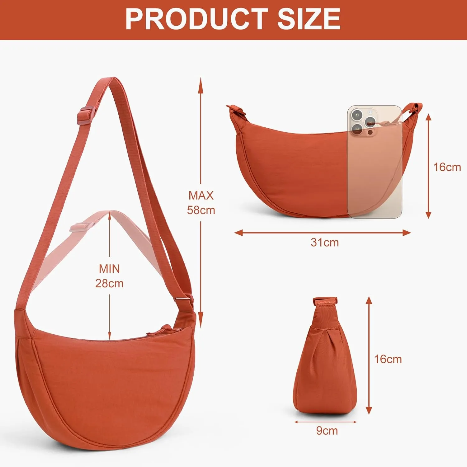 JQWSVE Nylon Crescent Bag for Women Men Crossbody Bag Hobo Sling Crescent Shoulder Bag Purse Casual Solid Color Dumpling Bag