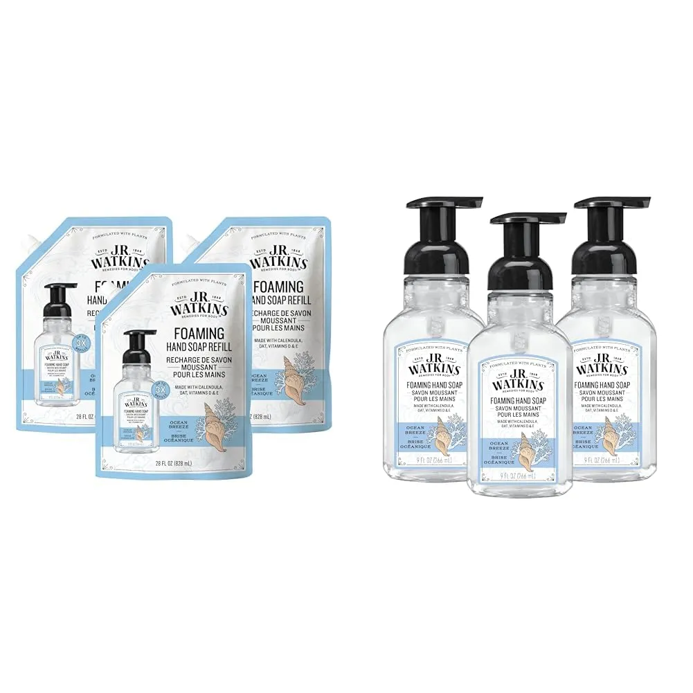 J.R. Watkins Foaming Hand Soap Ocean Breeze, Moisturizing Foam Hand Wash Refill 28 fl oz 3 Pack and Foaming Hand Soap with Pump 9 fl oz 3 Pack