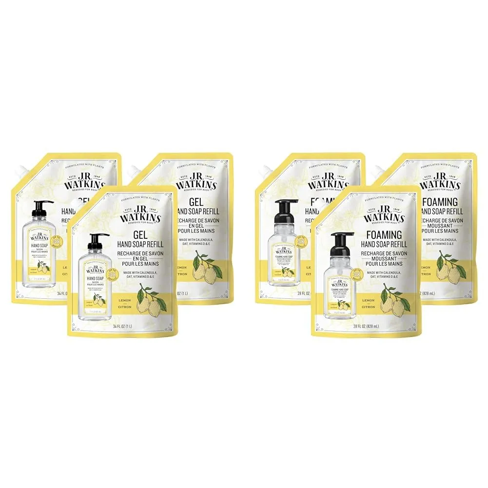 J.R. Watkins Gel Hand Soap Refill & Foaming Hand Soap Refill, Moisturizing Foam Hand Wash, All Natural, Alcohol-Free, Cruelty-Free, USA Made, Lemon, 28 fl oz, 3 Pack