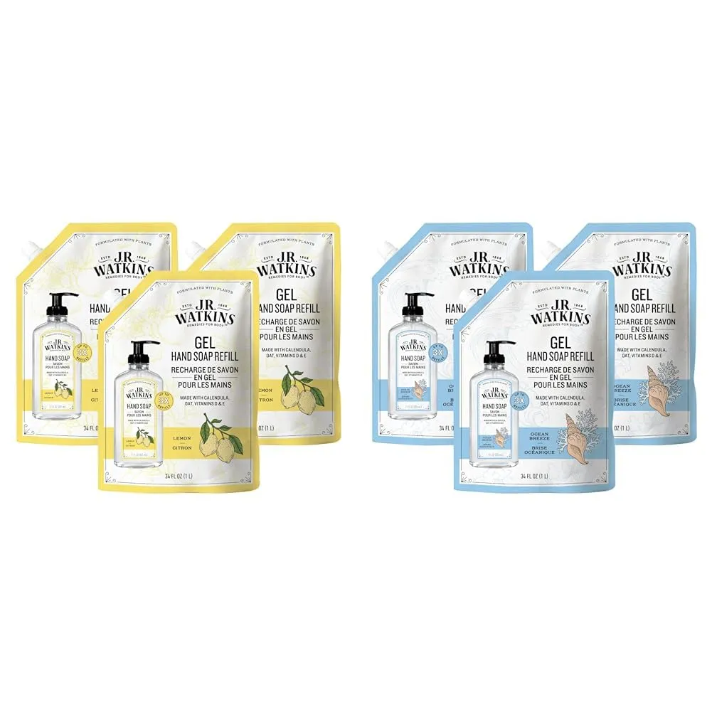 J.R. Watkins Gel Hand Soap Refill & Gel Hand Soap Refill, Moisturizing Hand Wash, All Natural, Alcohol-Free, Cruelty-Free, USA Made, Ocean Breeze, 34 Fl Oz, 3 Pack