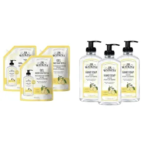 J.R. Watkins Gel Hand Soap Refill & Liquid Hand Soap With Dispenser, Moisturizing Hand Soap, Alcohol-Free Hand Wash, Cruelty-Free, USA Made Liquid Soap For Bathroom or Kitchen, Lemon, 11 Fl Oz, 3 Pack
