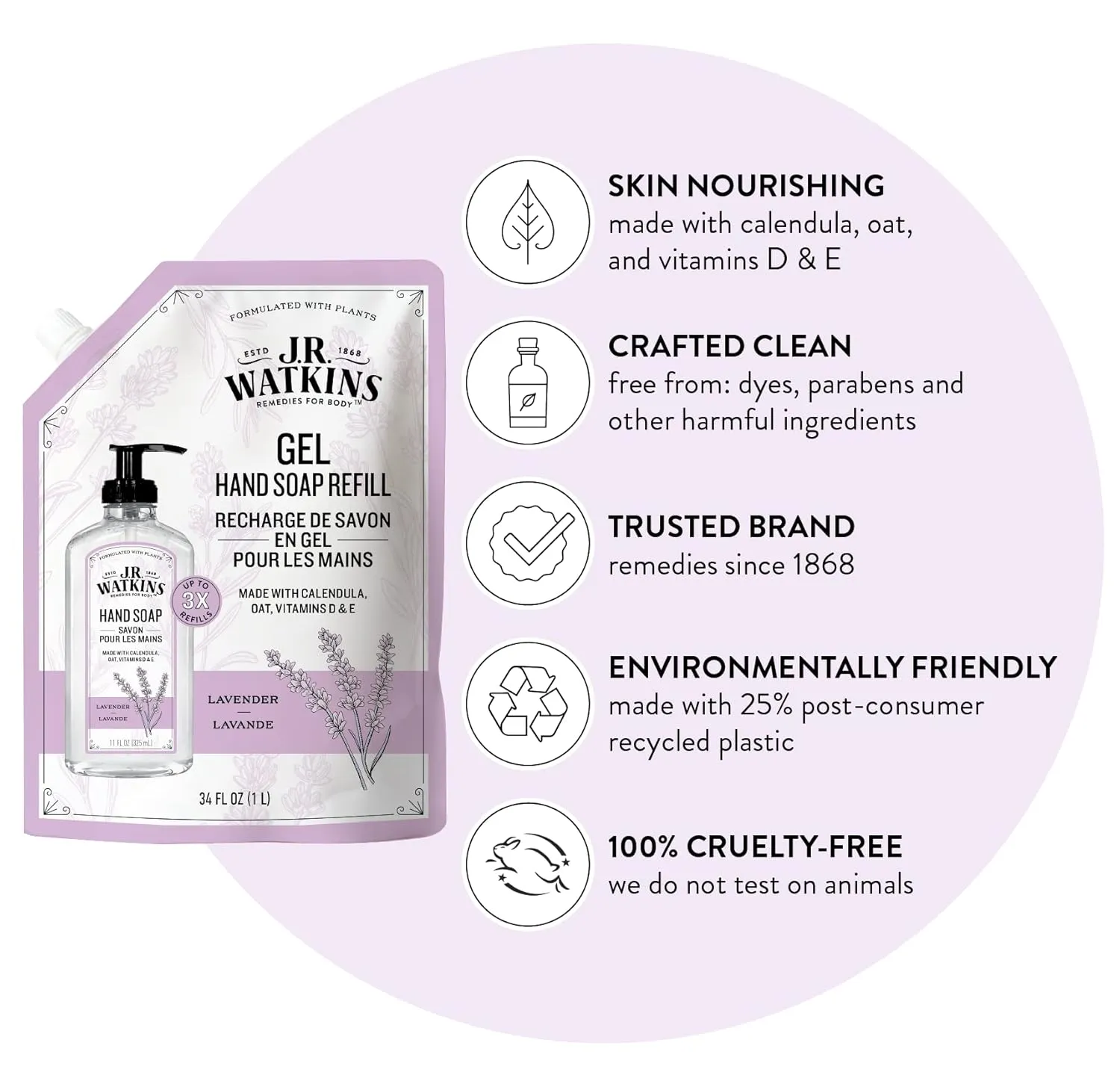 J.R. Watkins Gel Hand Soap Refill, Moisturizing Hand Wash, All Natural, Alcohol-Free, Cruelty-Free, USA Made, Lavender, 34 Fl Oz (Pack of 3)