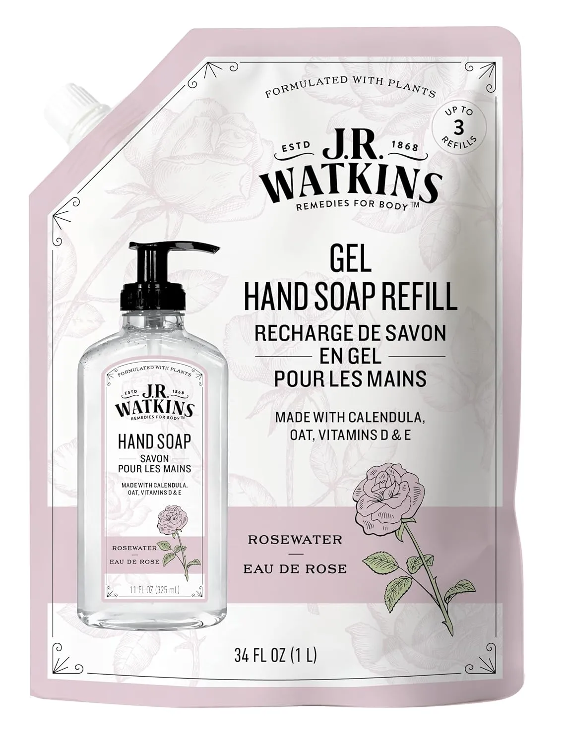 J.R. Watkins Rosewater Liquid Hand Soap Refill Pouch 1 L