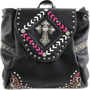 Justin West Trendy Western Cross Rhinestone Leather Conceal Carry Top Handle Square Backpack Purse