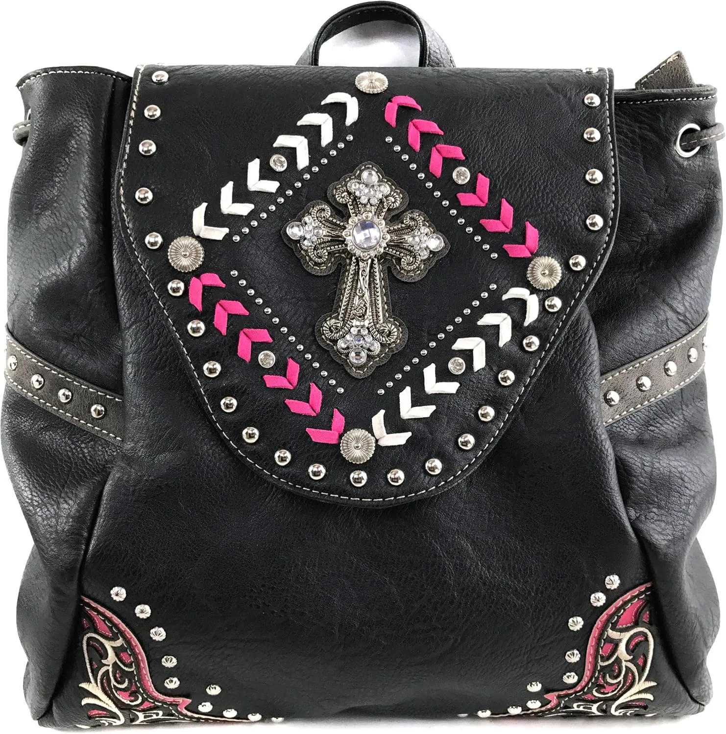 Justin West Trendy Western Cross Rhinestone Leather Conceal Carry Top Handle Square Backpack Purse